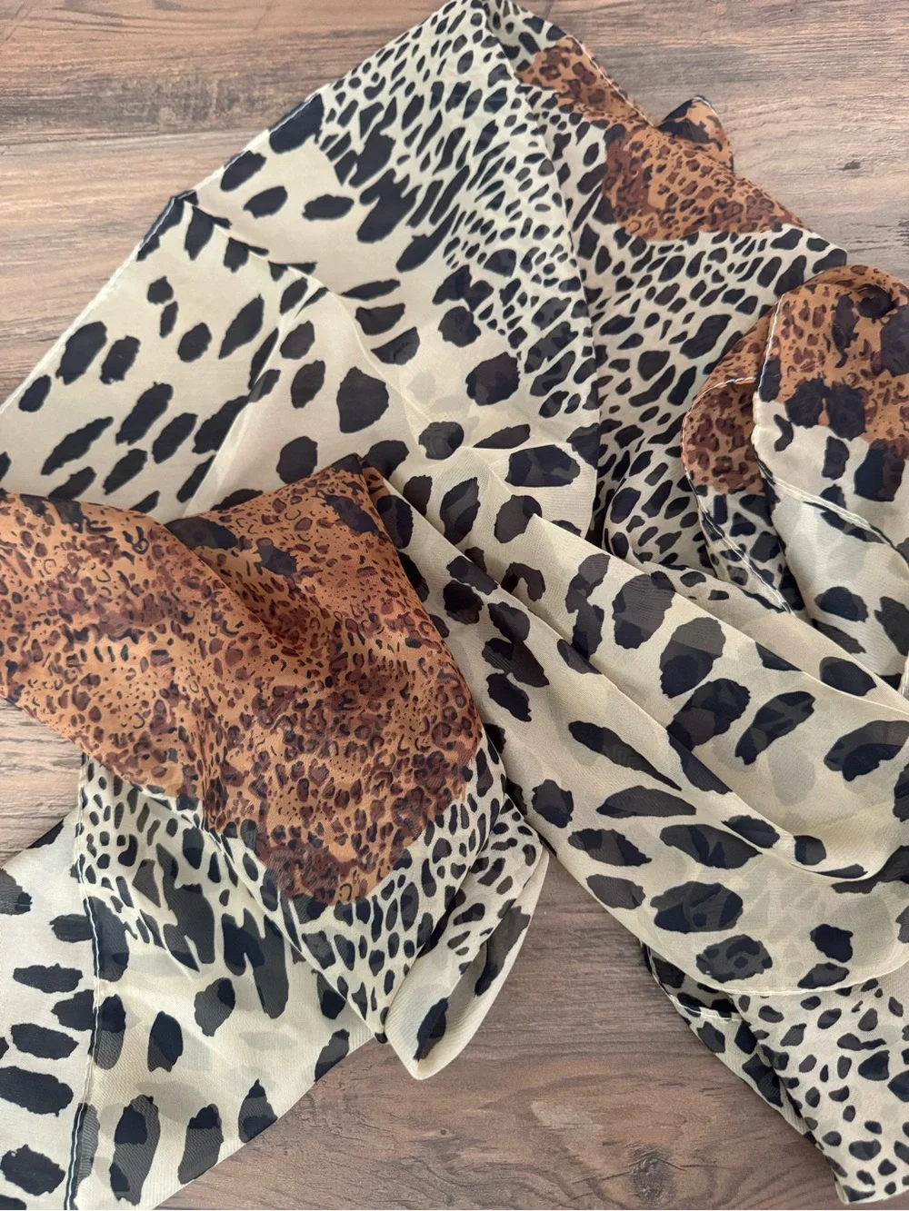 Leopard Print Lightweight Scarf - Black, Cream & Brown